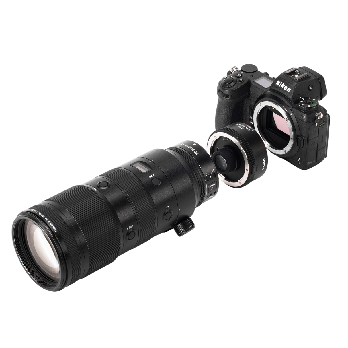 Viltrox Telekonverter montiert zwischen Kamera und Objektiv